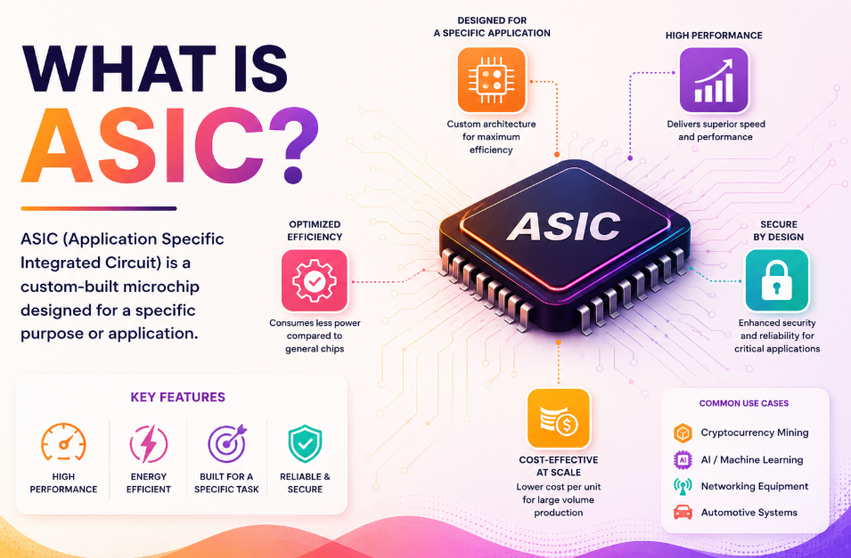 Understand ASIC meaning, how Application Specific Integrated Circuits work, their advantages, uses in AI, crypto mining and semiconductor technology.