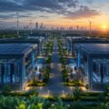 Futuristic AI ready data centre campus with server buildings, solar panels, wind turbines and green infrastructure representing Uttar Pradesh's Draft Data Centre Policy 2026.