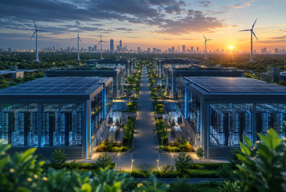 Futuristic AI ready data centre campus with server buildings, solar panels, wind turbines and green infrastructure representing Uttar Pradesh's Draft Data Centre Policy 2026.