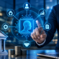 A business professional interacting with a futuristic AI interface featuring digital banking icons, analytics, and financial symbols, representing artificial intelligence in modern banking operations.