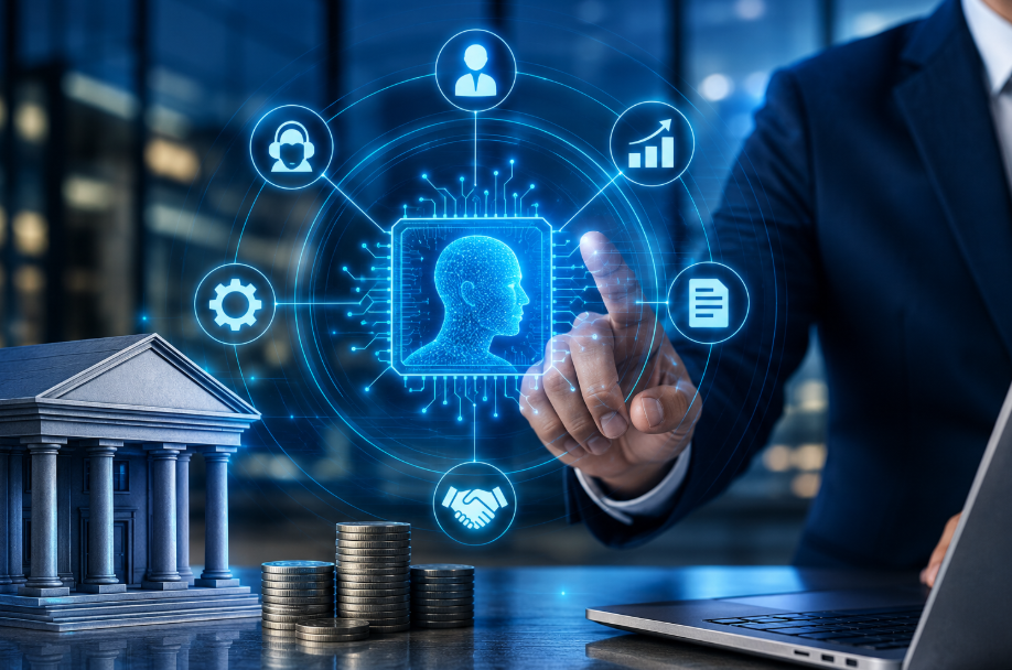A business professional interacting with a futuristic AI interface featuring digital banking icons, analytics, and financial symbols, representing artificial intelligence in modern banking operations.
