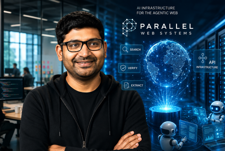 Illustration of former Twitter CEO Parag Agrawal with AI infrastructure, digital networks, servers and autonomous AI agents representing Parallel Web Systems' technology platform.