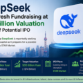 Illustration representing DeepSeek's reported plan to raise fresh funding at a $74 billion valuation ahead of a potential IPO, featuring AI themed graphics, growth chart and futuristic technology elements.