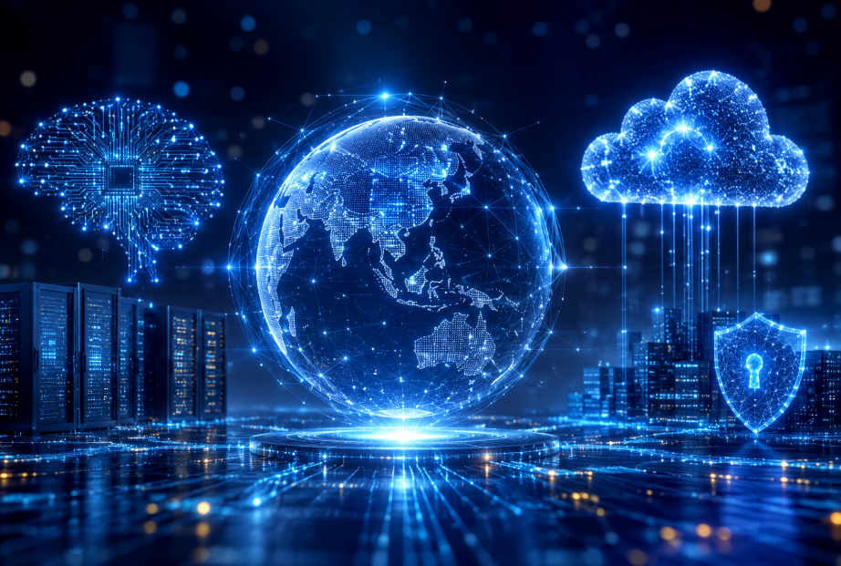Futuristic digital illustration showing a global AI ecosystem with interconnected data centres, cloud infrastructure, neural networks, cybersecurity, and enterprise technology representing large scale artificial intelligence transformation.