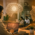 An IT professional works on AI powered software in a modern office, with futuristic digital visualisations symbolising artificial intelligence, automation and India's evolving technology services industry.