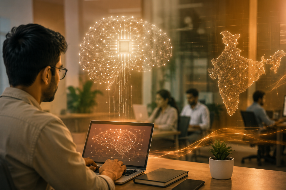 An IT professional works on AI powered software in a modern office, with futuristic digital visualisations symbolising artificial intelligence, automation and India's evolving technology services industry.