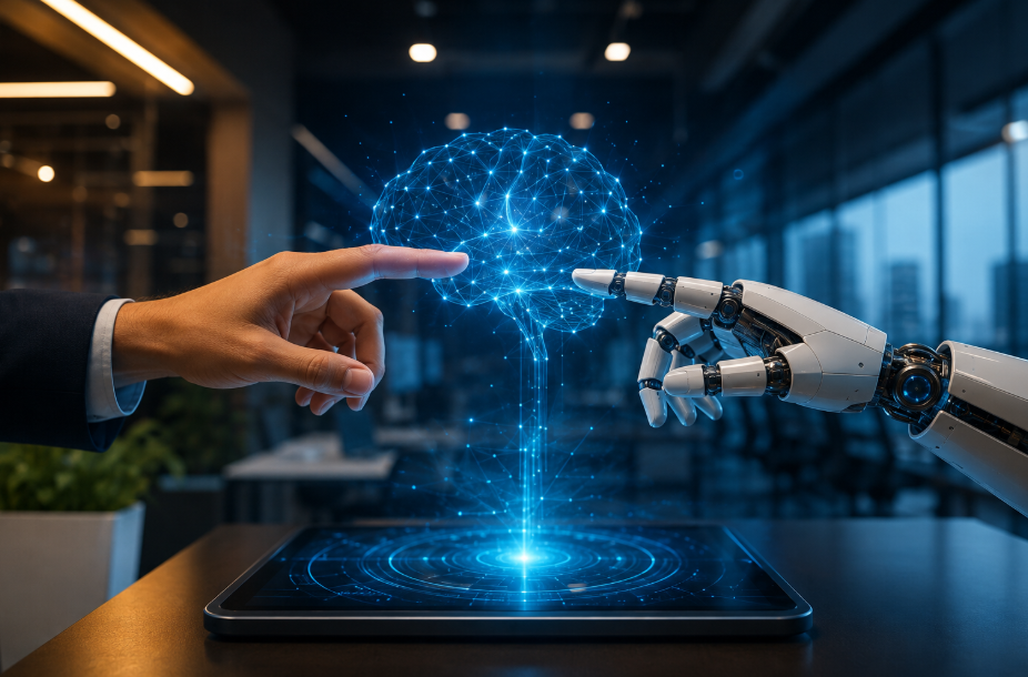 A human hand and a robotic hand reach toward a glowing digital brain hologram inside a modern office, symbolising enterprise artificial intelligence, human AI collaboration, and next generation AI innovation.