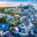 Engineers work inside a futuristic semiconductor research and manufacturing campus set against Kerala's tropical landscape, showcasing advanced chip fabrication, cleanrooms, robotics and sustainable technology infrastructure.