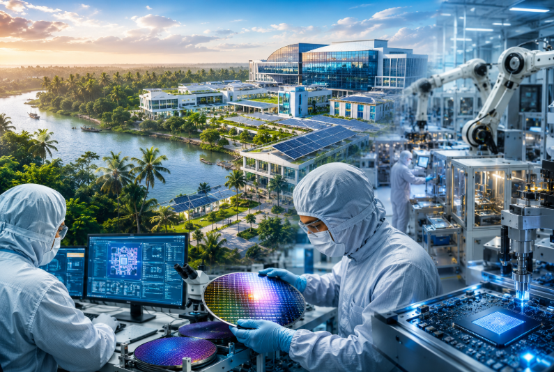 Engineers work inside a futuristic semiconductor research and manufacturing campus set against Kerala's tropical landscape, showcasing advanced chip fabrication, cleanrooms, robotics and sustainable technology infrastructure.