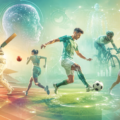 Digital illustration of athletes playing cricket, football, tennis and cycling surrounded by AI powered data visualisations, computer vision overlays and analytics, representing how artificial intelligence is reshaping modern sports.