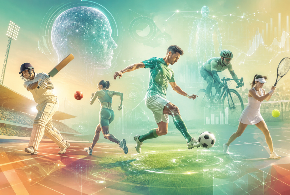 Digital illustration of athletes playing cricket, football, tennis and cycling surrounded by AI powered data visualisations, computer vision overlays and analytics, representing how artificial intelligence is reshaping modern sports.