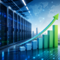 A futuristic data centre with rows of illuminated server racks, a rising growth chart, and a modern city skyline, representing India's rapidly expanding digital infrastructure and data centre capacity.