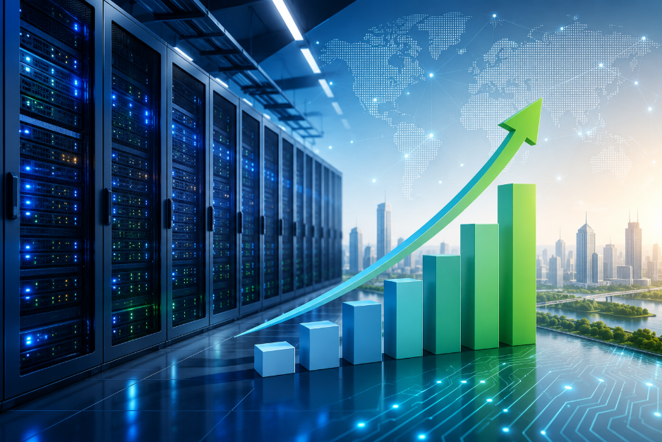 A futuristic data centre with rows of illuminated server racks, a rising growth chart, and a modern city skyline, representing India's rapidly expanding digital infrastructure and data centre capacity.