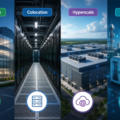 A futuristic comparison of the four main types of data centres: Enterprise, Colocation, Hyperscale, and AI & Edge. The illustration showcases a secure enterprise facility, a colocation server hall, a large hyperscale campus, and an AI edge computing unit connected to a smart city network, highlighting the infrastructure powering India's digital economy.