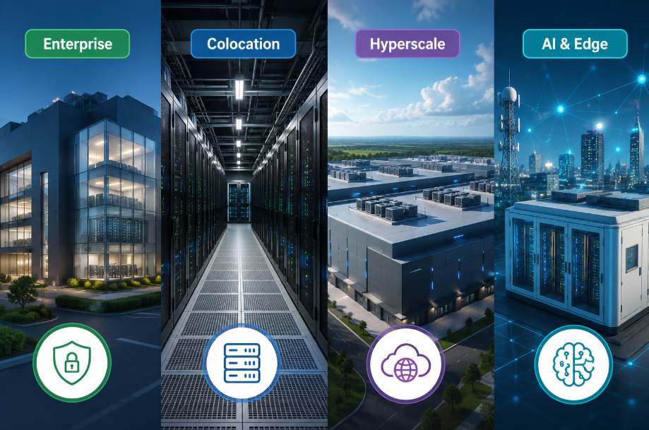 A futuristic comparison of the four main types of data centres: Enterprise, Colocation, Hyperscale, and AI & Edge. The illustration showcases a secure enterprise facility, a colocation server hall, a large hyperscale campus, and an AI edge computing unit connected to a smart city network, highlighting the infrastructure powering India's digital economy.
