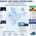 Infographic showing India's top five data centre hubs—Mumbai, Hyderabad, Delhi NCR, Bengaluru, and Chennai—highlighting their strategic advantages, major operators, operational data centre concentration, and the key factors driving the country's digital infrastructure growth.