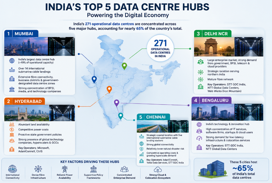 Infographic showing India's top five data centre hubs—Mumbai, Hyderabad, Delhi NCR, Bengaluru, and Chennai—highlighting their strategic advantages, major operators, operational data centre concentration, and the key factors driving the country's digital infrastructure growth.