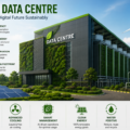 A modern green data centre surrounded by solar panels, wind turbines and lush greenery, representing sustainable digital infrastructure powered by renewable energy and energy efficient technologies.