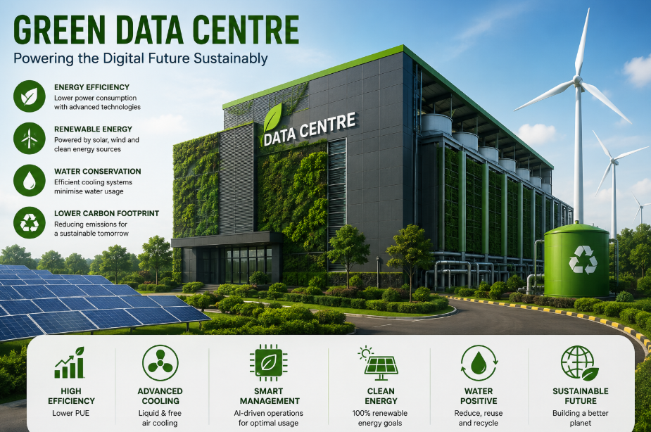 A modern green data centre surrounded by solar panels, wind turbines and lush greenery, representing sustainable digital infrastructure powered by renewable energy and energy efficient technologies.