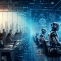 A futuristic office split into two worlds, with human employees working on one side and AI powered humanoid robots operating advanced digital systems on the other, symbolising the changing balance between human work and artificial intelligence.
