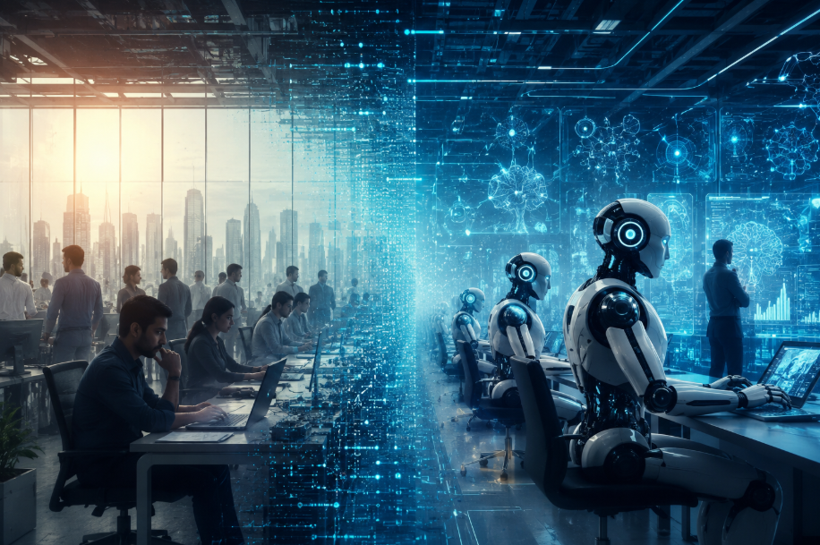 A futuristic office split into two worlds, with human employees working on one side and AI powered humanoid robots operating advanced digital systems on the other, symbolising the changing balance between human work and artificial intelligence.