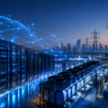 A futuristic AI data centre with rows of server racks, cooling infrastructure and high voltage transmission lines powering a digitally connected city, representing India's growing AI infrastructure.