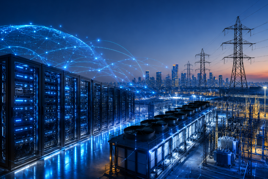 A futuristic AI data centre with rows of server racks, cooling infrastructure and high voltage transmission lines powering a digitally connected city, representing India's growing AI infrastructure.