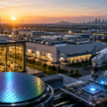 A futuristic semiconductor fabrication facility featuring advanced chip manufacturing equipment, robotic automation, silicon wafers and a sprawling industrial campus, representing India's growing semiconductor ecosystem.