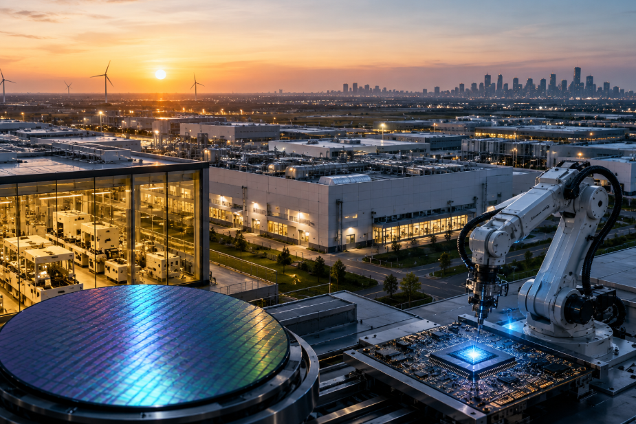 A futuristic semiconductor fabrication facility featuring advanced chip manufacturing equipment, robotic automation, silicon wafers and a sprawling industrial campus, representing India's growing semiconductor ecosystem.