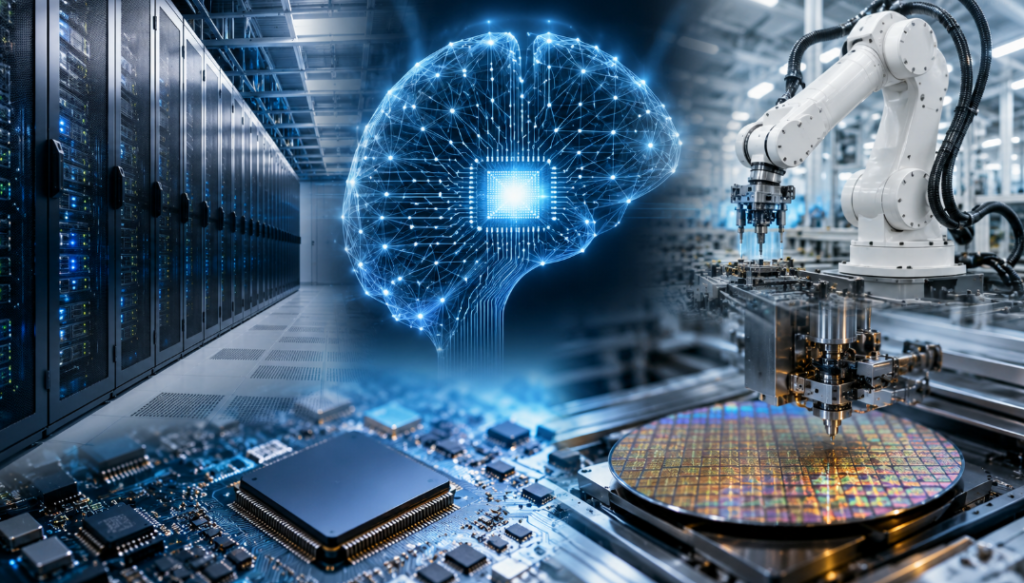 A futuristic technology illustration showing AI, semiconductor manufacturing, industrial robotics and data centre infrastructure, with a glowing digital AI brain connecting advanced computing, server racks and a semiconductor wafer in a high tech industrial environment.
