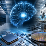 A futuristic technology illustration showing AI, semiconductor manufacturing, industrial robotics and data centre infrastructure, with a glowing digital AI brain connecting advanced computing, server racks and a semiconductor wafer in a high tech industrial environment.