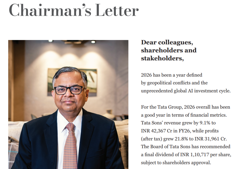 Tata Group Chairman N Chandrasekaran outlines the company's AI strategy in the Tata Sons Annual Report 2025–26, highlighting investments in semiconductors, AI data centres, enterprise software and digital infrastructure to build a full stack AI ecosystem.