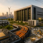 Modern AI data centre connected to power infrastructure, cooling systems, semiconductor chips and industrial automation, illustrating the physical infrastructure behind artificial intelligence.