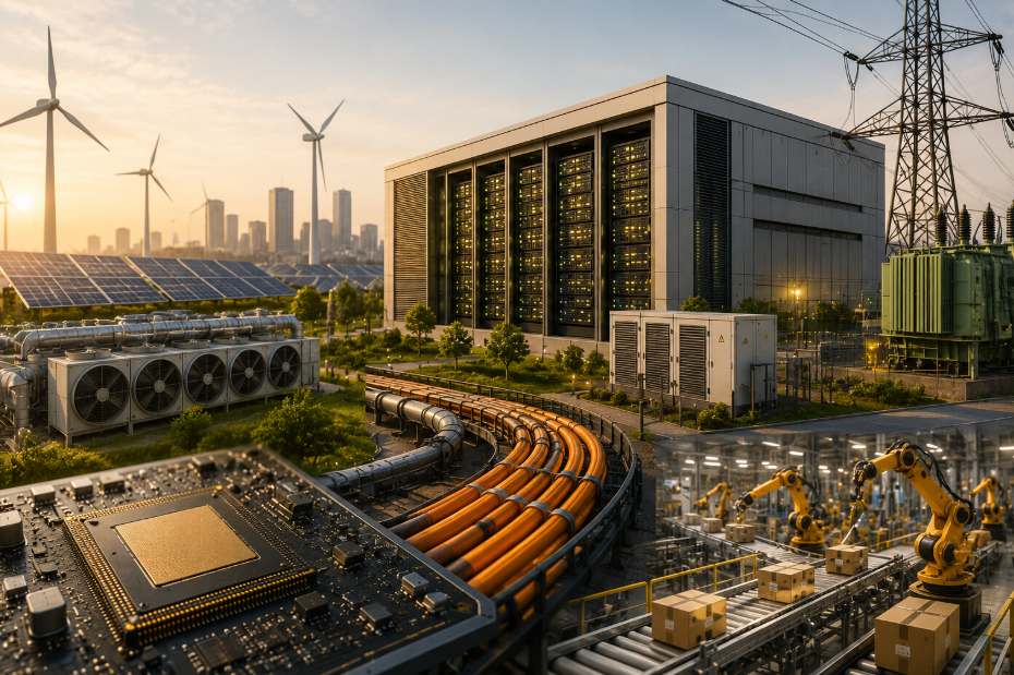 Modern AI data centre connected to power infrastructure, cooling systems, semiconductor chips and industrial automation, illustrating the physical infrastructure behind artificial intelligence.