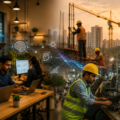 Split-scene illustration showing AI-enabled office professionals on one side and construction and industrial workers on the other, highlighting how artificial intelligence affects different types of work in India.