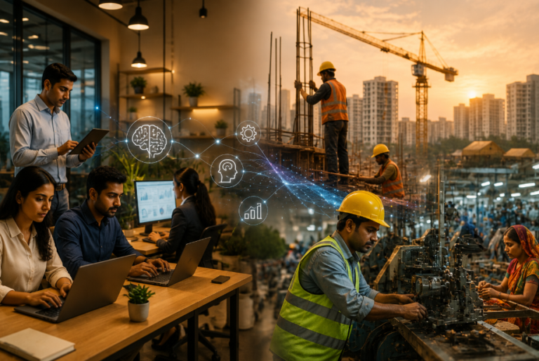 Split-scene illustration showing AI-enabled office professionals on one side and construction and industrial workers on the other, highlighting how artificial intelligence affects different types of work in India.