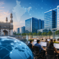 A composite illustration of Hyderabad featuring the Charminar, a modern office campus, professionals working in a Global Capability Centre (GCC), and digital connectivity graphics representing the city's emergence as a leading technology and business hub.