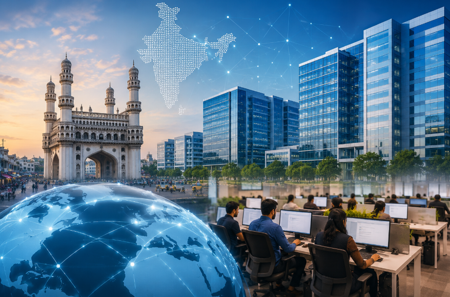A composite illustration of Hyderabad featuring the Charminar, a modern office campus, professionals working in a Global Capability Centre (GCC), and digital connectivity graphics representing the city's emergence as a leading technology and business hub.