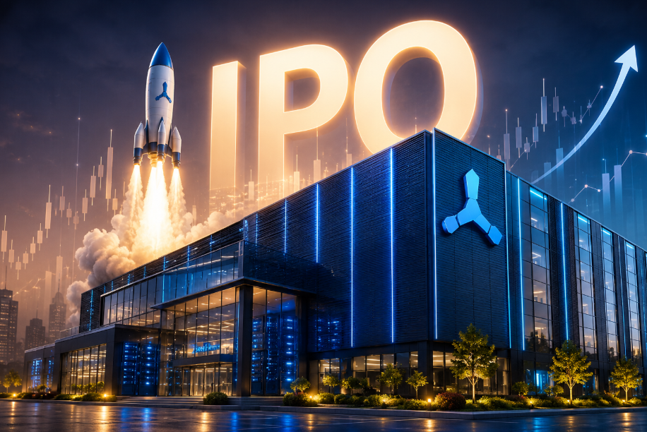 Yotta Data Services data centre with a rocket launch and glowing IPO letters symbolising its planned public offering