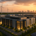 Modern data centre campus with server buildings, solar panels and wind turbines at sunset