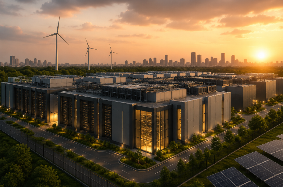 Modern data centre campus with server buildings, solar panels and wind turbines at sunset