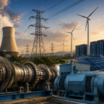 Industrial turbines and generators with power infrastructure, wind turbines, solar panels and data centres in the background.