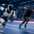 Humanoid robot racing ahead of a human sprinter on a futuristic indoor track