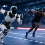 Humanoid robot racing ahead of a human sprinter on a futuristic indoor track