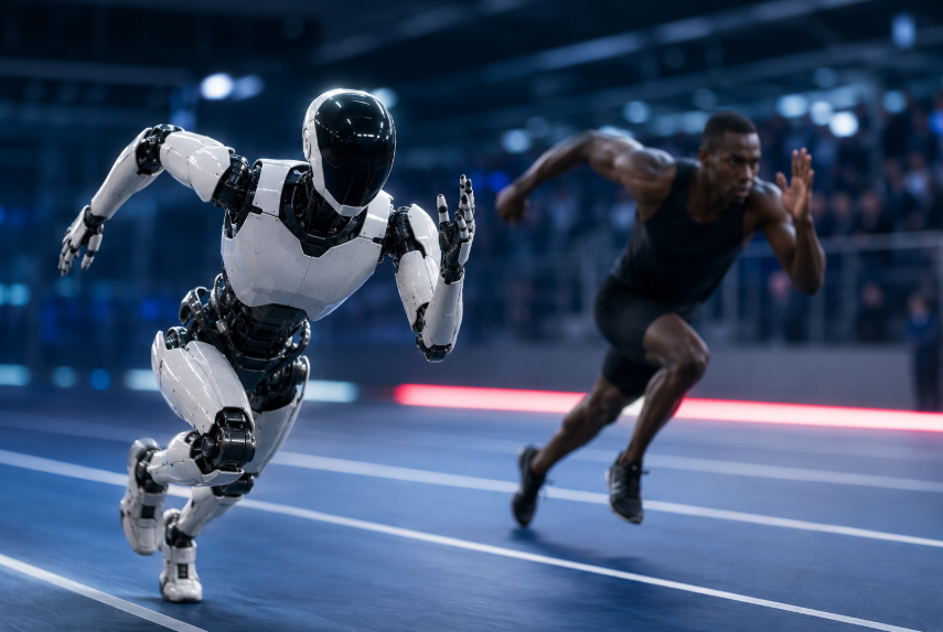 Humanoid robot racing ahead of a human sprinter on a futuristic indoor track