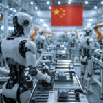 Humanoid robots working in a futuristic Chinese manufacturing facility with robotic arms and a Chinese flag