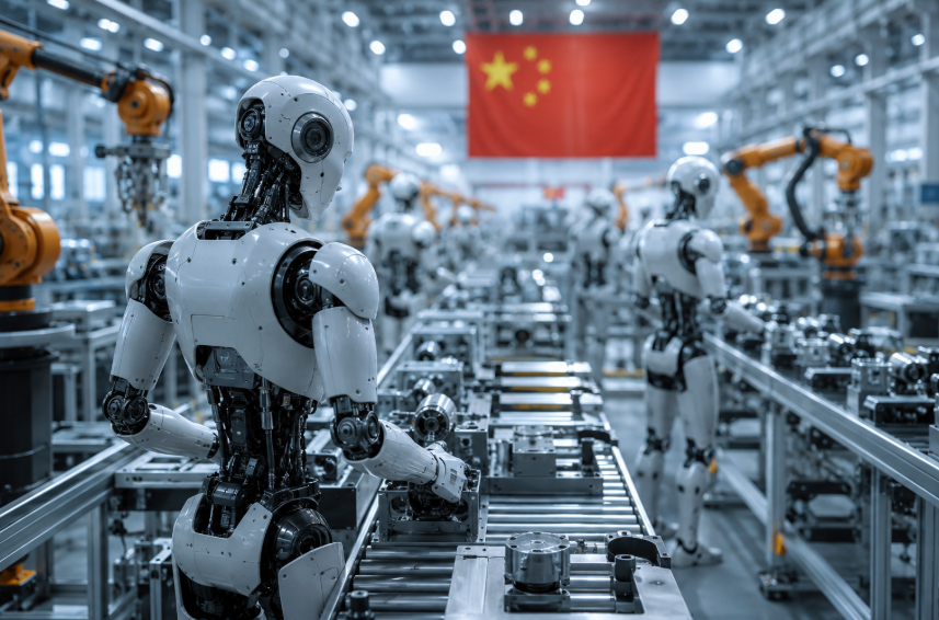 Humanoid robots working in a futuristic Chinese manufacturing facility with robotic arms and a Chinese flag