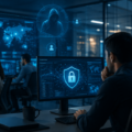 Cybersecurity professional monitoring digital threats while employees work on computers in an office