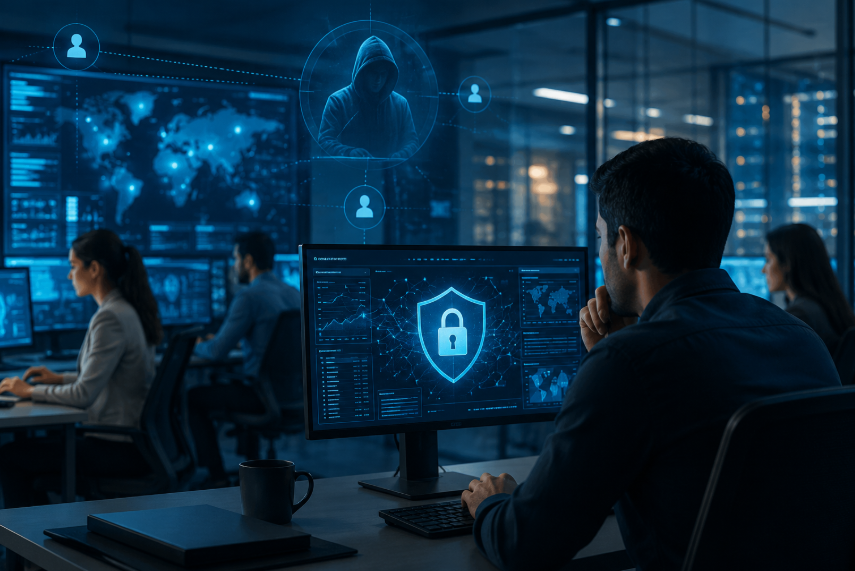 Cybersecurity professional monitoring digital threats while employees work on computers in an office