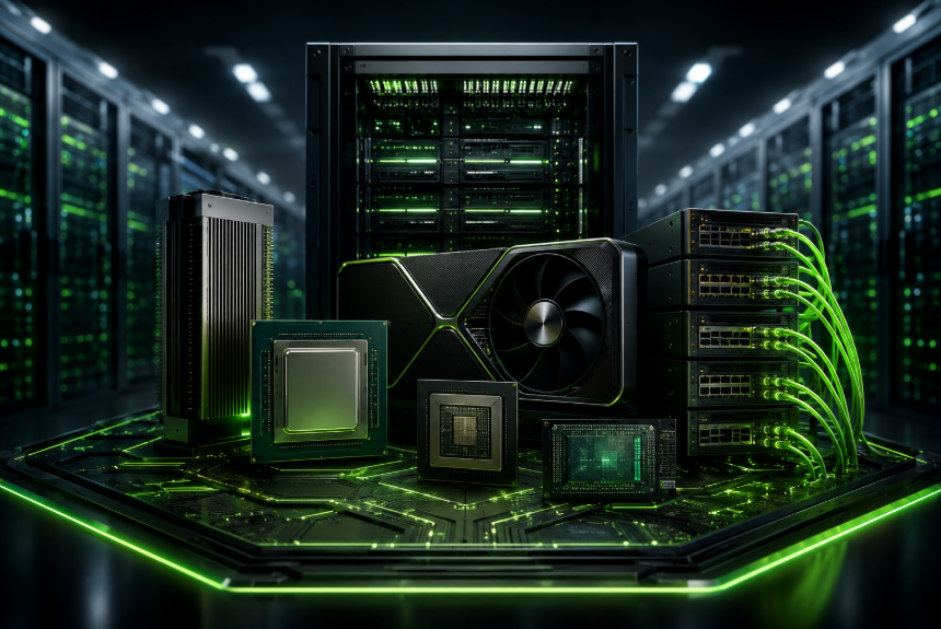 Futuristic data centre with GPUs, CPUs and networking hardware representing NVIDIA’s full-stack AI infrastructure.